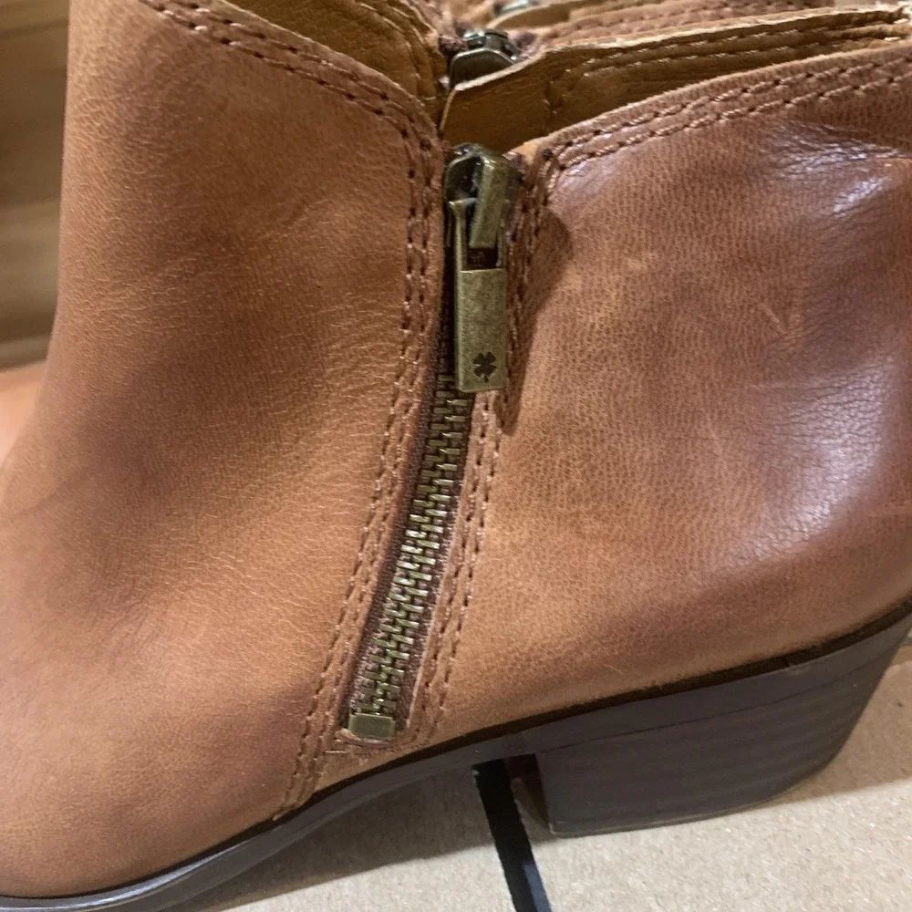 Lucky Brand LK Basel Brown Leather Ankle Booties Side Zip Block Heel Size 7